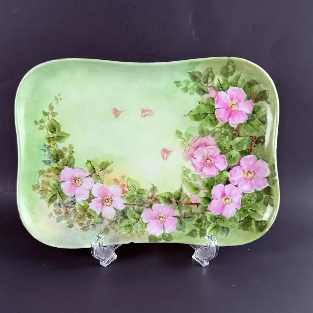 Antique French Limoges Porcelain Dish Vanity Tray Hand Painted Wild Roses Signed